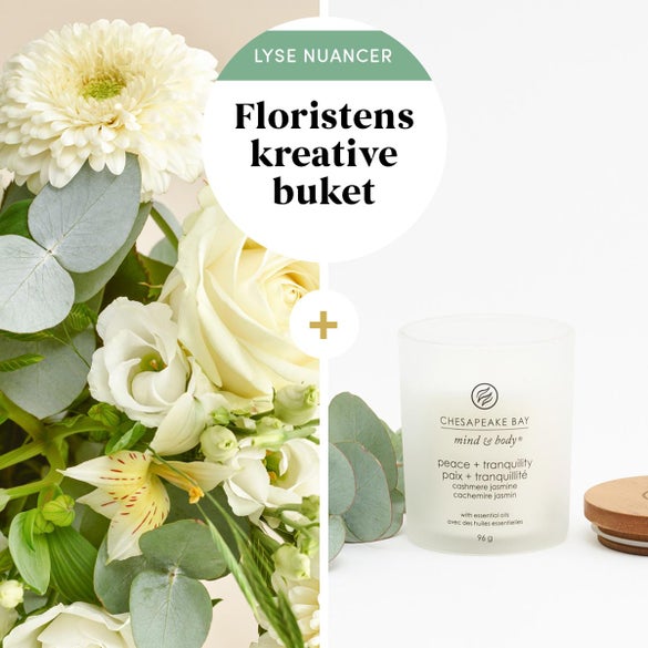 Floristens kreative buket i lyse nuancer med duftlys